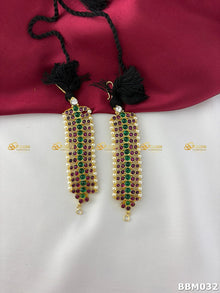 Real Kemp Mattal Ear Chain for Bharatanatyam and Kuchipudi BBM032 with red-green kemp stones with pearl accents