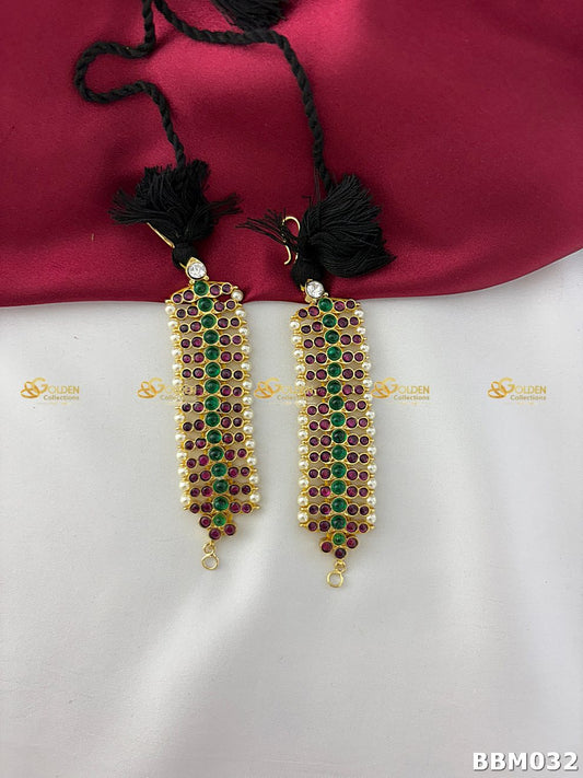 Kemp Bharatanatyam Mattal with red and green stones and pearl edging, traditional dance ear chain Matilu
