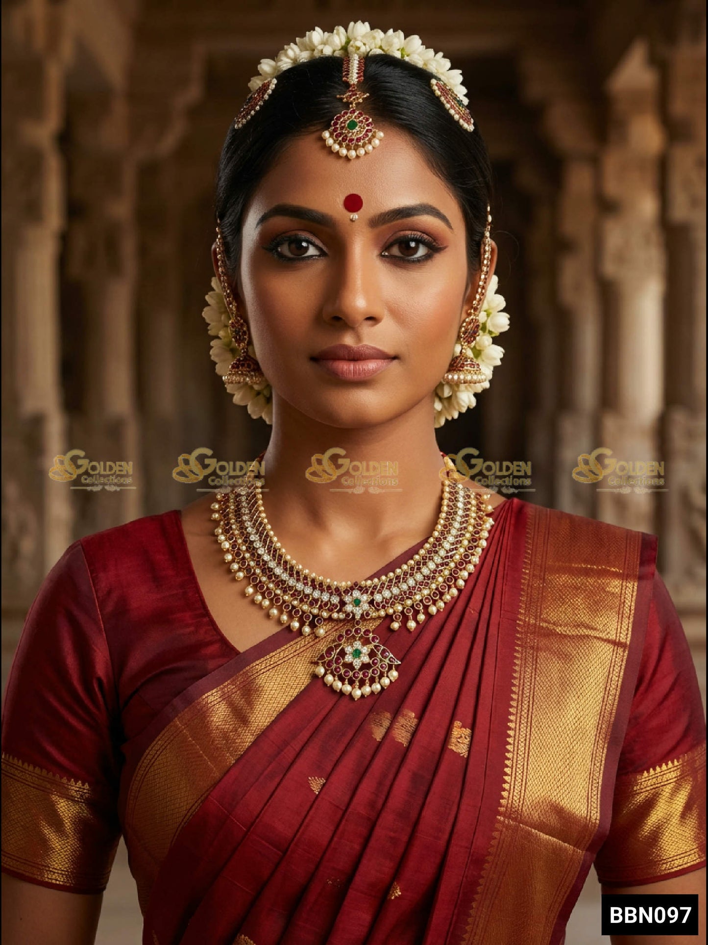 GoldenCollections Kemp Bharatanatyam Short Necklace Attigai side view with temple design