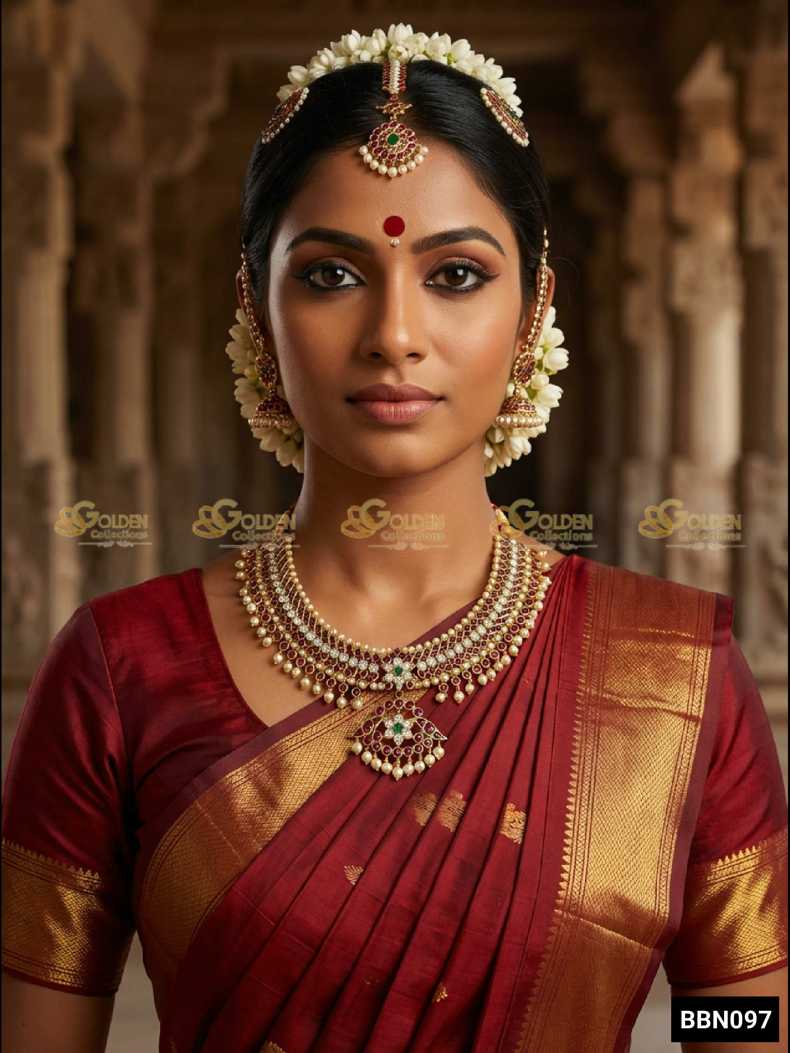 GoldenCollections Kemp Bharatanatyam Short Necklace Attigai side view with temple design