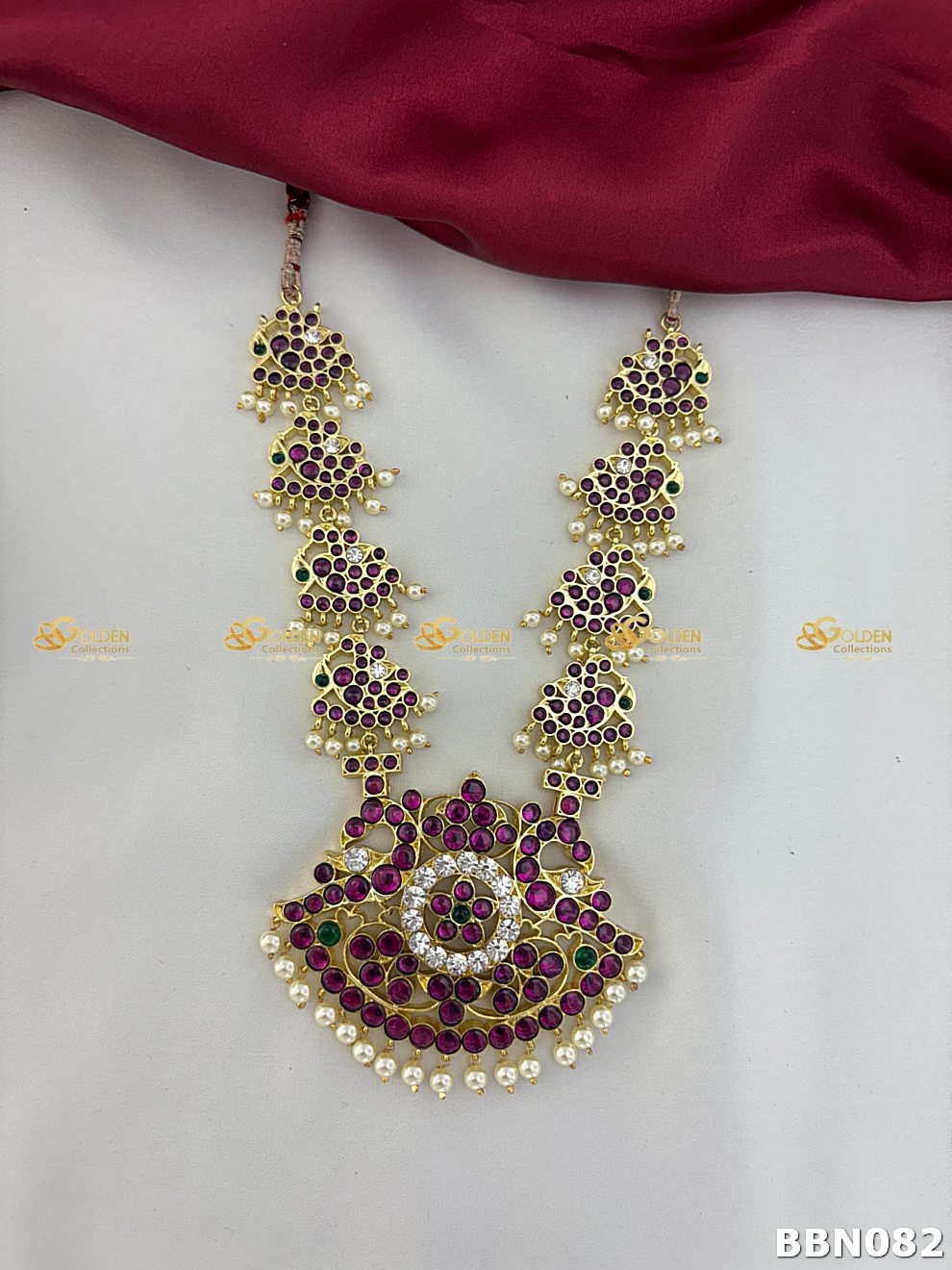 Kemp Bharatanatyam short necklace with ruby, green stones, CZ detailing and pearls – temple jewellery