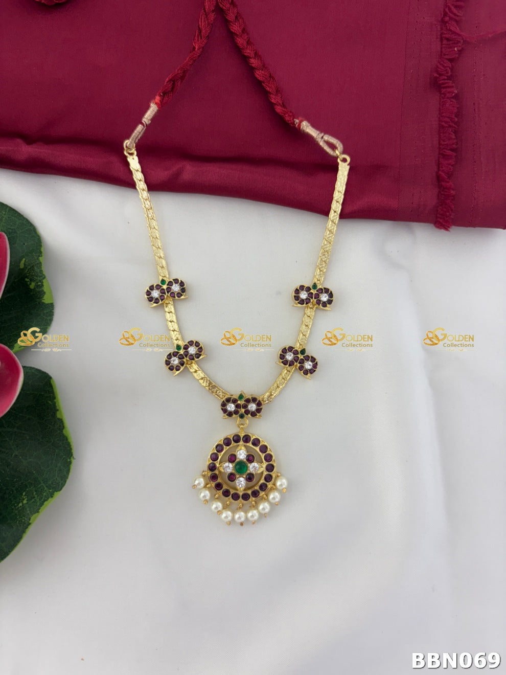 Kemp Short Necklace with Floral Design and Pendant | Bharatanatyam Temple Jewellery with Ruby Stones & Pearls