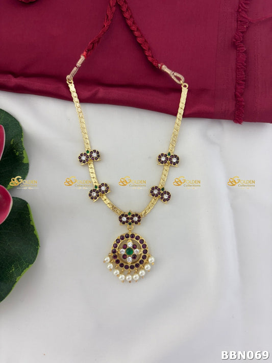 Kemp Short Necklace with Floral Design and Pendant | Bharatanatyam Temple Jewellery with Ruby Stones & Pearls