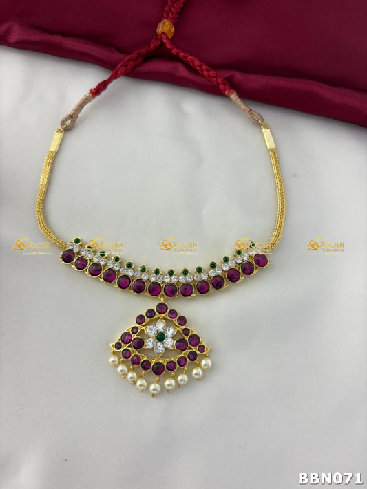 Real Kemp Temple Short Necklace for Bharatanatyam and Kuchipudi BBN071 with red-green kemp stones