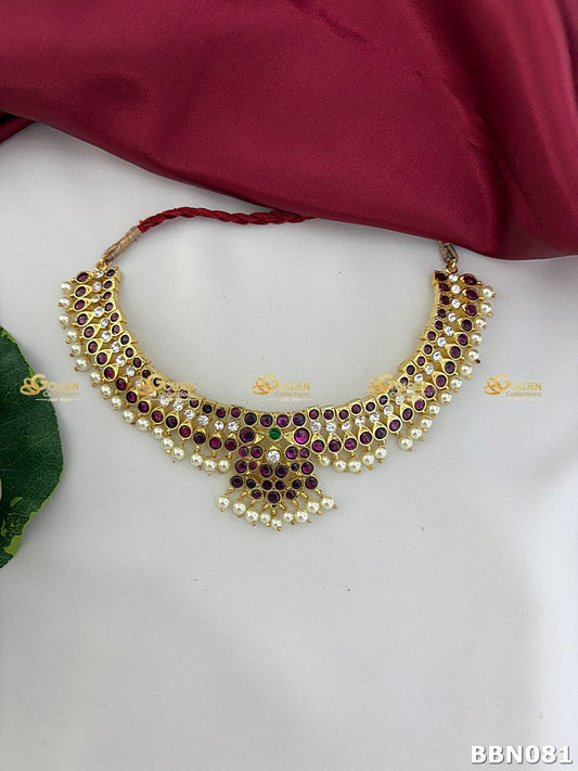 Real Kemp Temple Short Necklace for Bharatanatyam and Kuchipudi BBN081 with red-green kemp stones