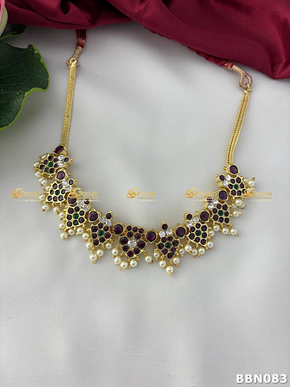 Kemp Bharatanatyam short necklace with ruby, green stones and pearl droplets – temple jewellery