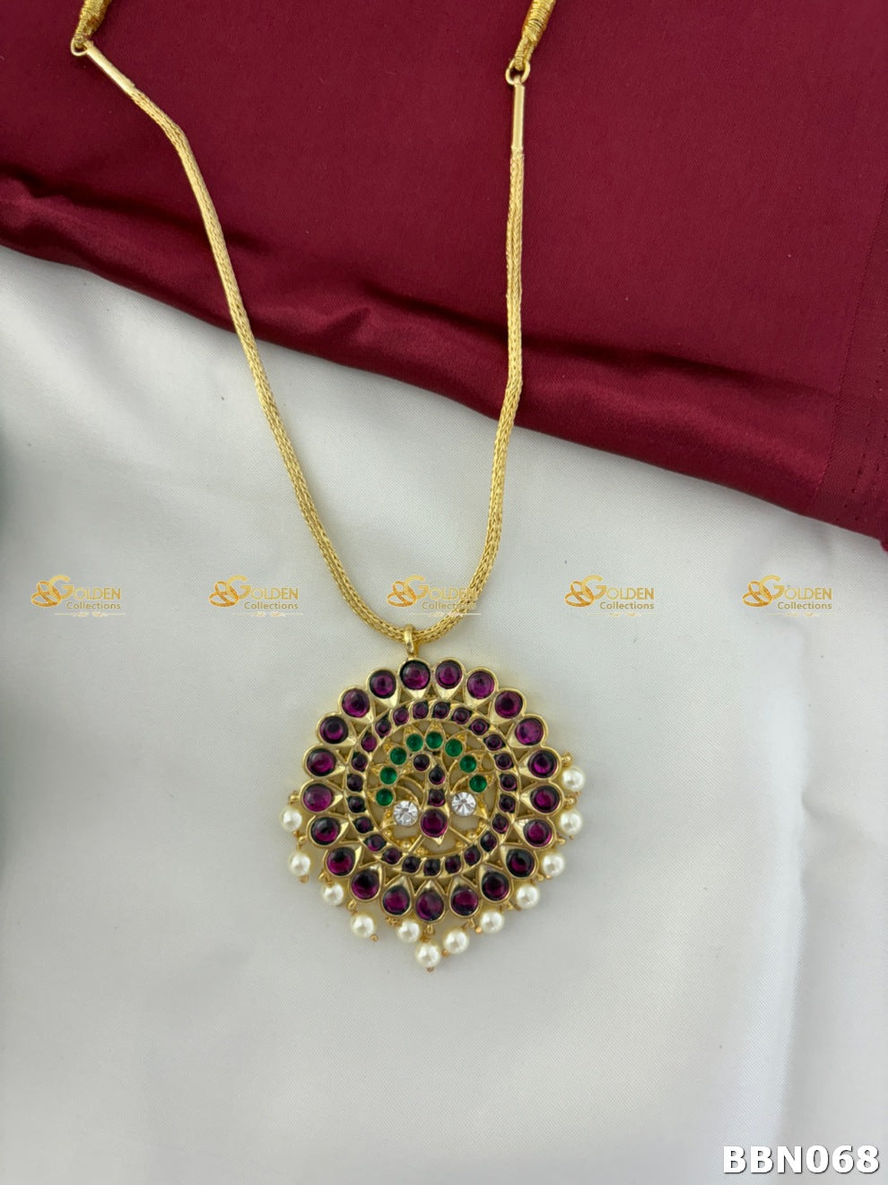 Kemp Bharatanatyam Jewellery Short Necklace with Ruby Stones, Pearls & Temple Design | GoldenCollections