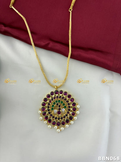 Kemp Bharatanatyam Jewellery Short Necklace with Ruby Stones, Pearls & Temple Design | GoldenCollections