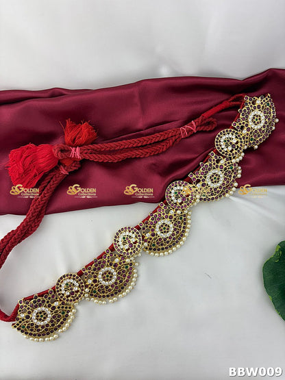 Kemp Bharatanatyam vaddanam oddiyanam waistbelt with ruby stones and pearl drops for arangetram