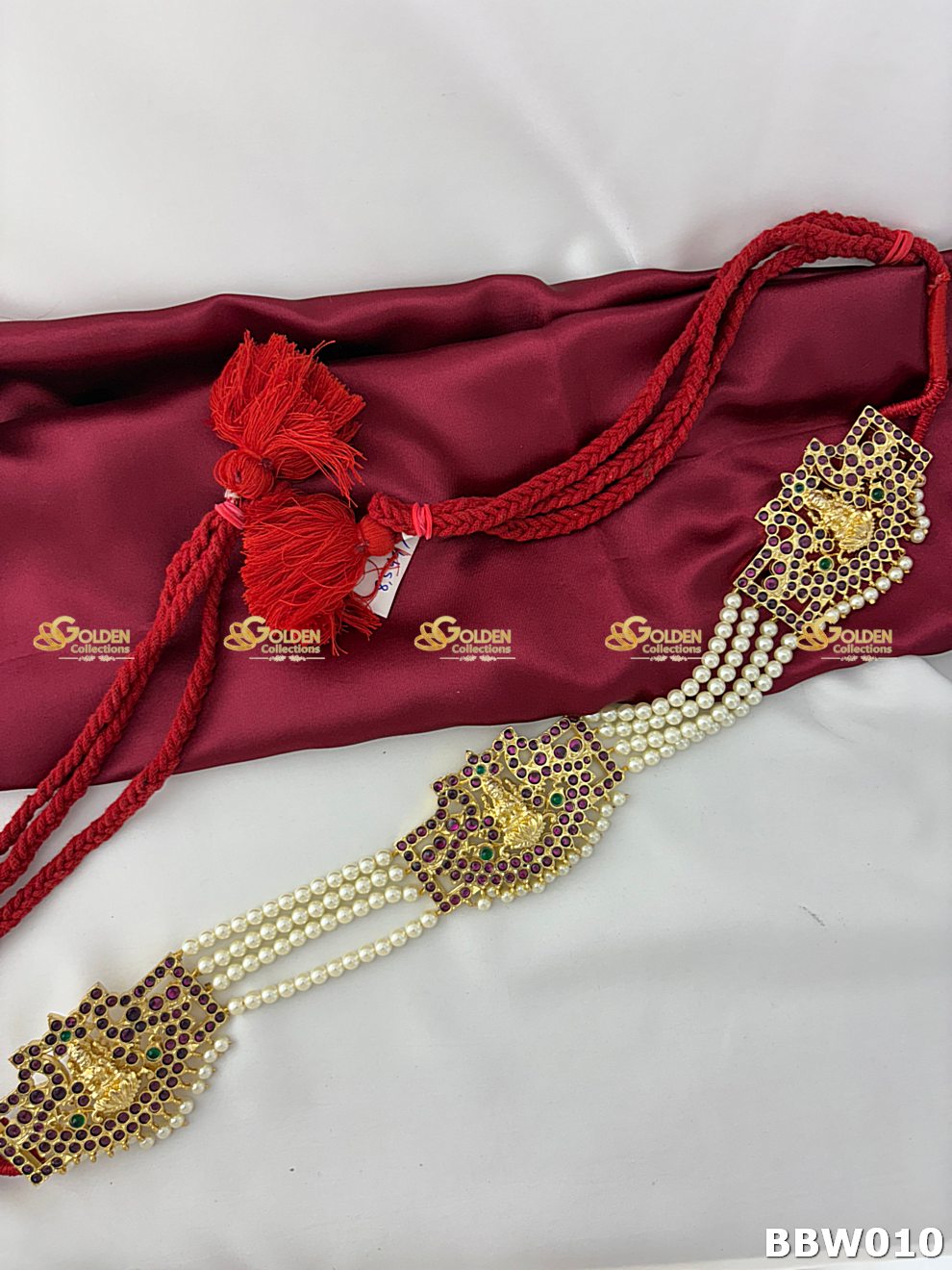 Kemp Bharatanatyam Vaddanam temple jewellery waistbelt with Lakshmi motif and pearl chains