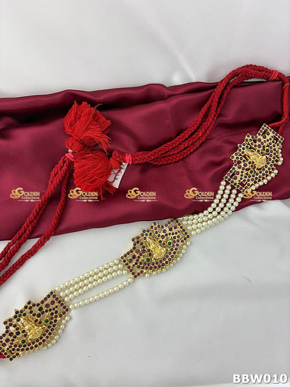 Kemp Bharatanatyam Vaddanam temple jewellery waistbelt with Lakshmi motif and pearl chains