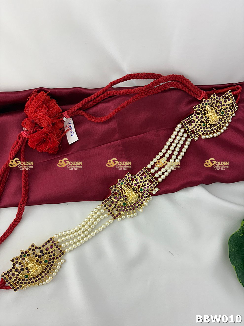 Kemp Bharatanatyam Vaddanam temple jewellery waistbelt with Lakshmi motif and pearl chains - golden collections