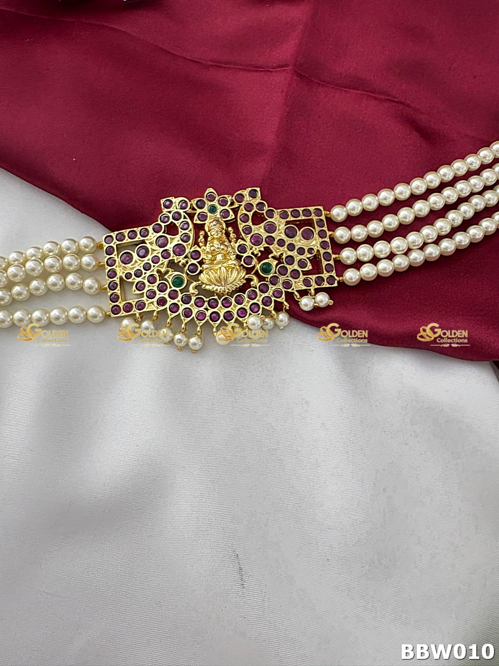 Kemp Bharatanatyam Vaddanam temple jewellery waistbelt with Lakshmi motif and pearl chains - GoldenCollections