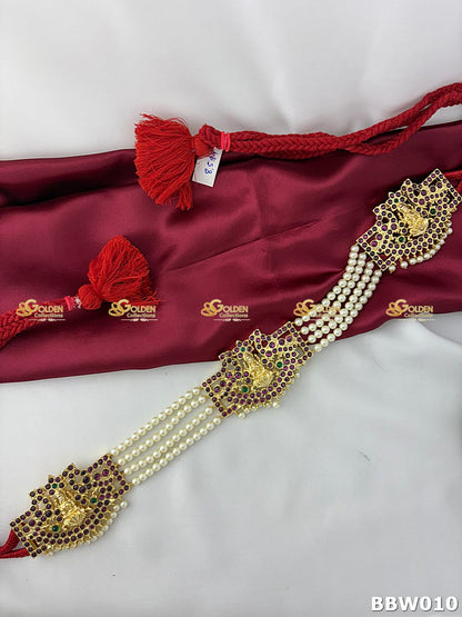 Kemp Bharatanatyam Vaddanam temple jewellery waistbelt with Lakshmi motif and pearl chains - bbw010