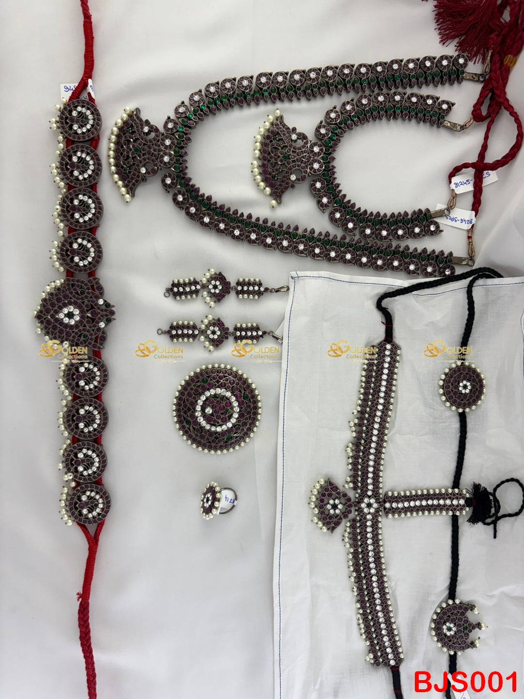 Goldencollections Complete Kemp Black Bharatanatyam jewellery set with haram, necklace, headset, vaddanam, mattal, rakodi & ring. Perfect for Arangetram & Kuchipudi.