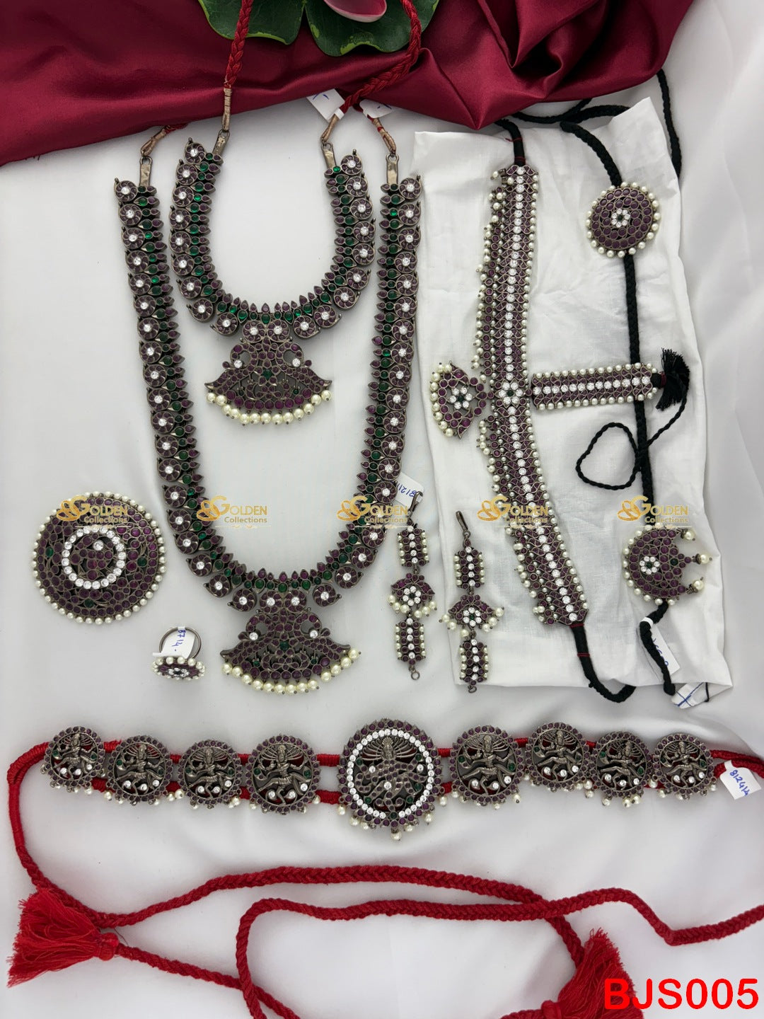 Kemp Black Bharatanatyam Jewellery Set with Goddess Vaddanam | GoldenCollections