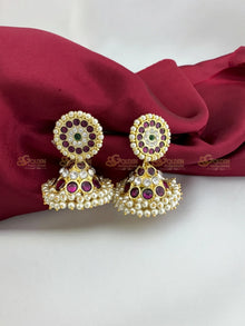 Real Kemp Jhumka Earrings for Bharatanatyam and Kuchipudi BBE015 with red-green kemp stones with pearl accents