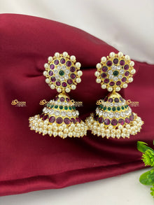 Real Kemp Jhumka Earrings for Bharatanatyam and Kuchipudi BBE004 with red-green kemp stones
