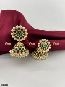 Real Kemp Jhumka Earrings for Bharatanatyam and Kuchipudi BBE008 with red-green kemp stones