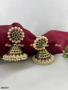 Real Kemp Jhumka Earrings for Bharatanatyam and Kuchipudi BBE005 with red-green kemp stones with pearl accents