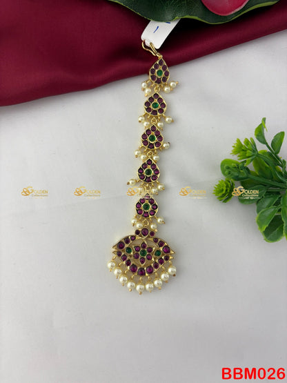 Buy Kemp Long Drop Maang Tikka (Nethichutti) with pearls & temple jewellery design for Bharatanatyam