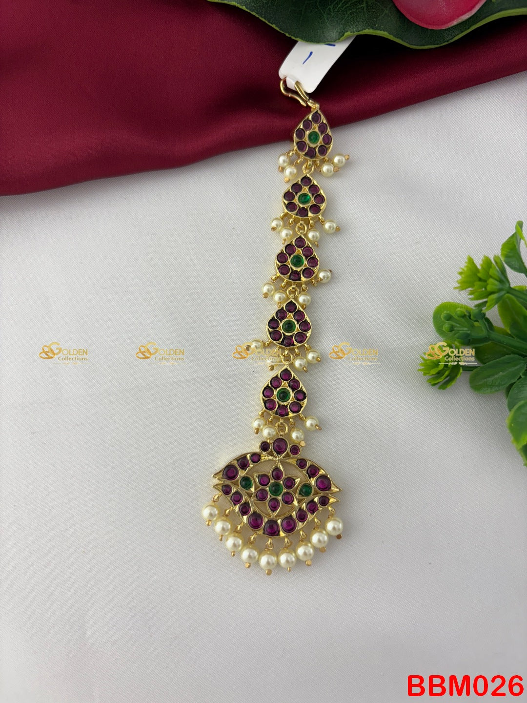 Real Kemp Nethi Chutti Maang Tikka for Bharatanatyam BBM026 with red-green kemp stones