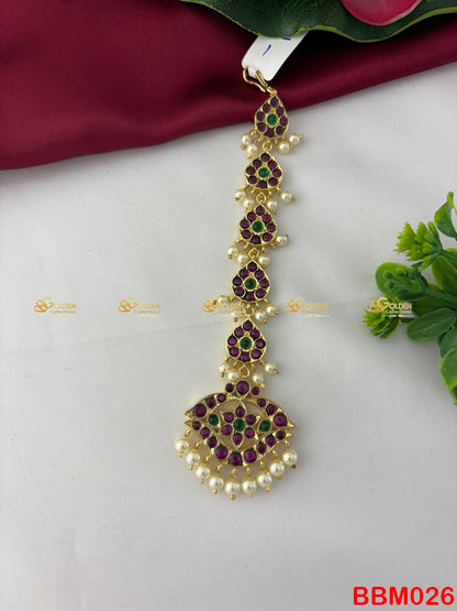 Real Kemp Nethi Chutti Maang Tikka for Bharatanatyam BBM026 with red-green kemp stones