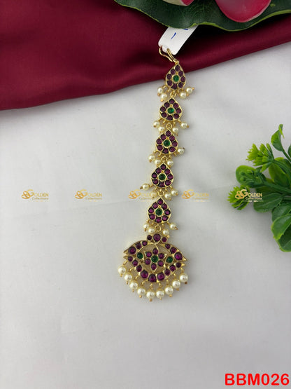 Kemp Long Drop Maang Tikka Nethichutti | Bharatanatyam Temple Jewellery Online – GoldenCollections