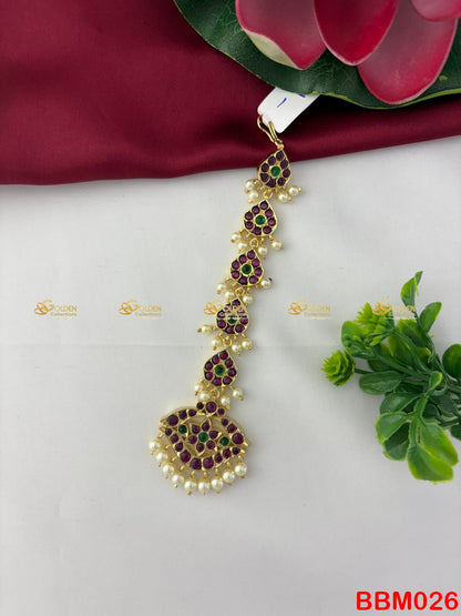 Kemp Long Drop Maang Tikka Nethichutti with pearls for Bharatanatyam Temple Jewellery