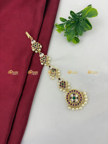 Real Kemp Nethi Chutti Maang Tikka for Bharatanatyam BBM015 with red-green kemp stones