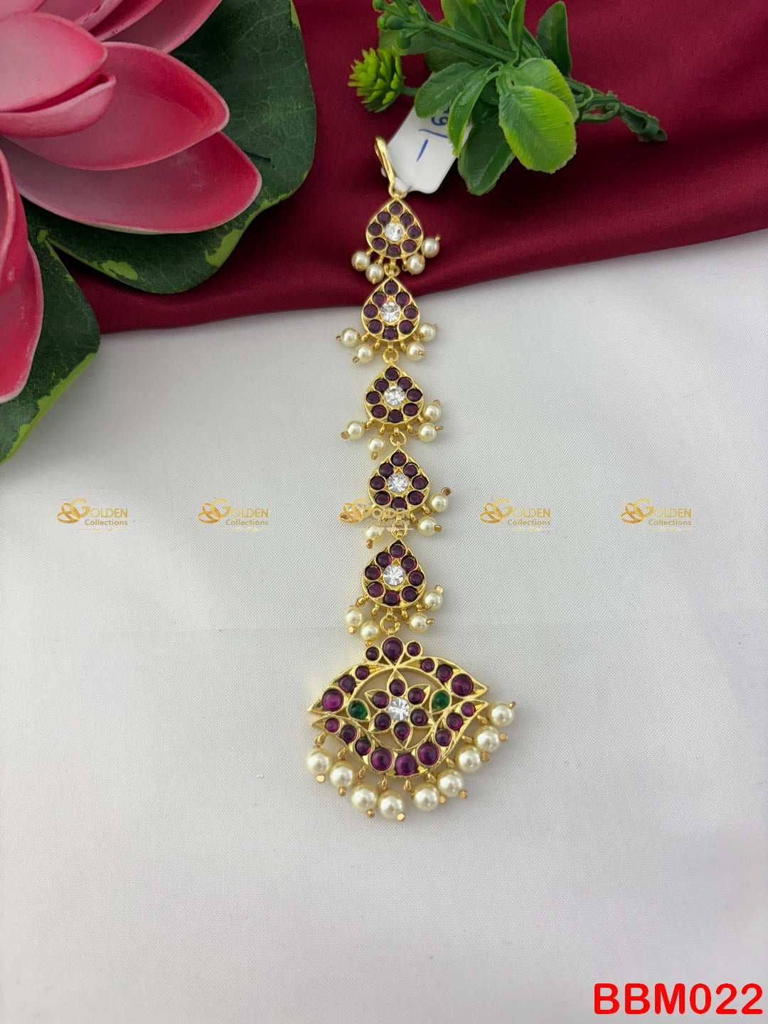 Kemp Maang Tikka Nethichutti for Bharatanatyam Temple Jewellery with pearls goldencollections