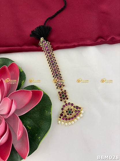 Kemp Bharatanatyam maangtikka with temple design, red stones and pearl hangings for Arangetram and Rangapravesam