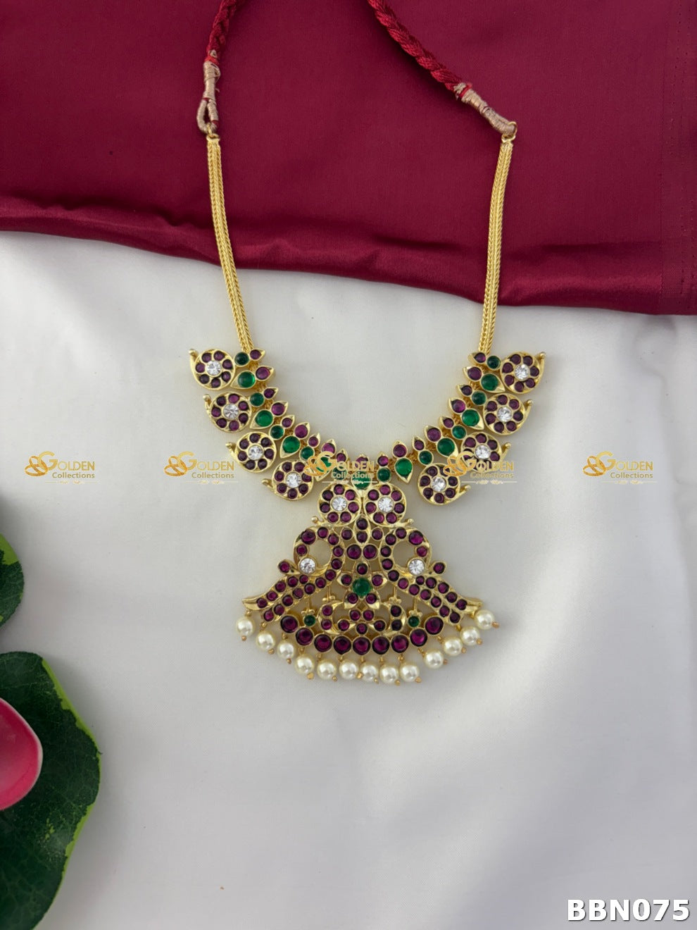 Real Kemp Mango Short Necklace for Bharatanatyam and Kuchipudi BBN075 with red-green kemp stones