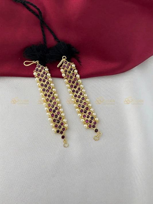 Golden Collections Kemp Ruby and Pearl Beaded Mattal - Front view showcasing the intricate arrangement of genuine ruby-hued stones and pearls.