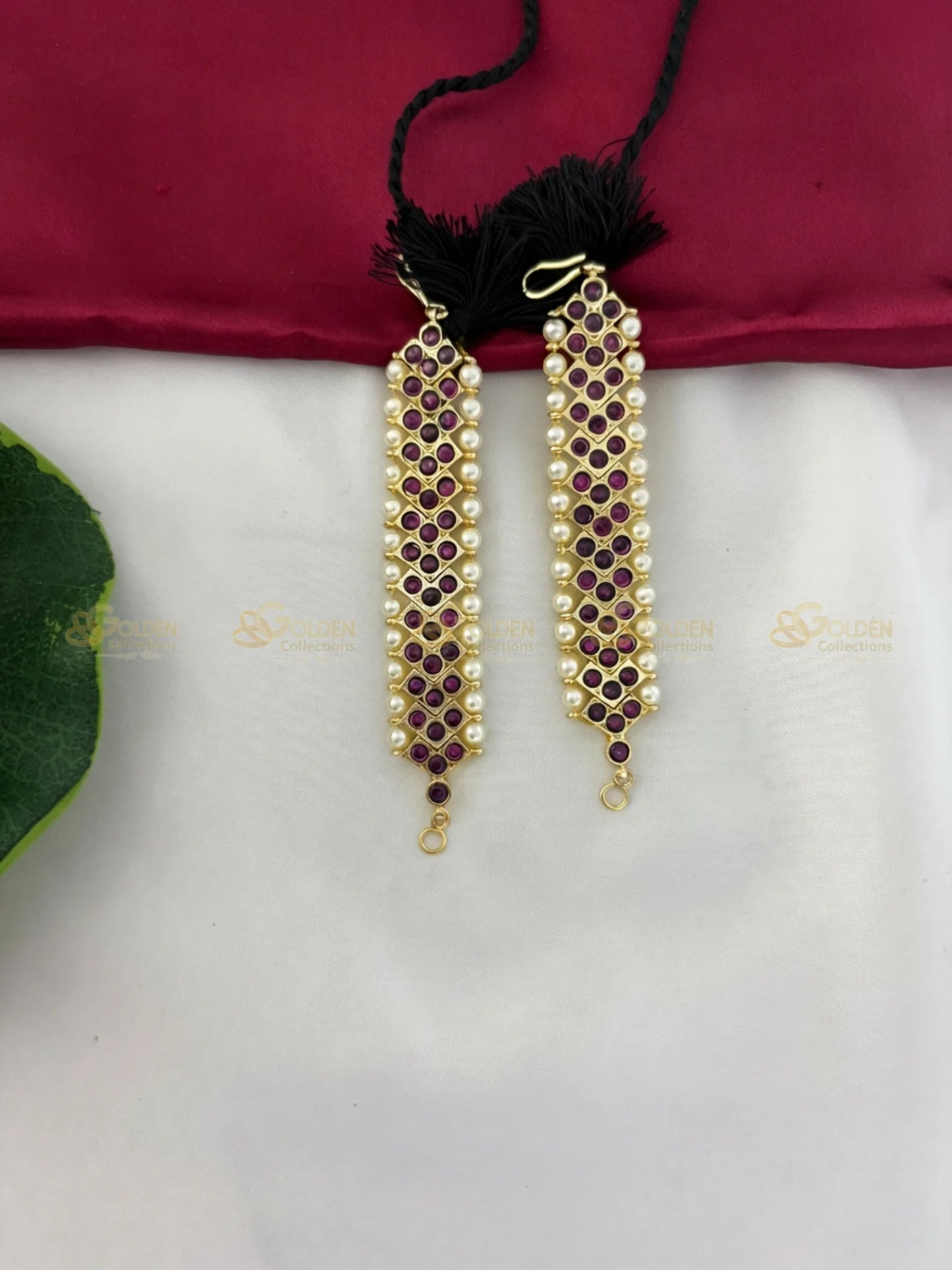 Golden Collections Kemp Ruby and Pearl Beaded Mattal - Top angle view highlighting the secure hook fastening and classic design for Bharatanatyam.