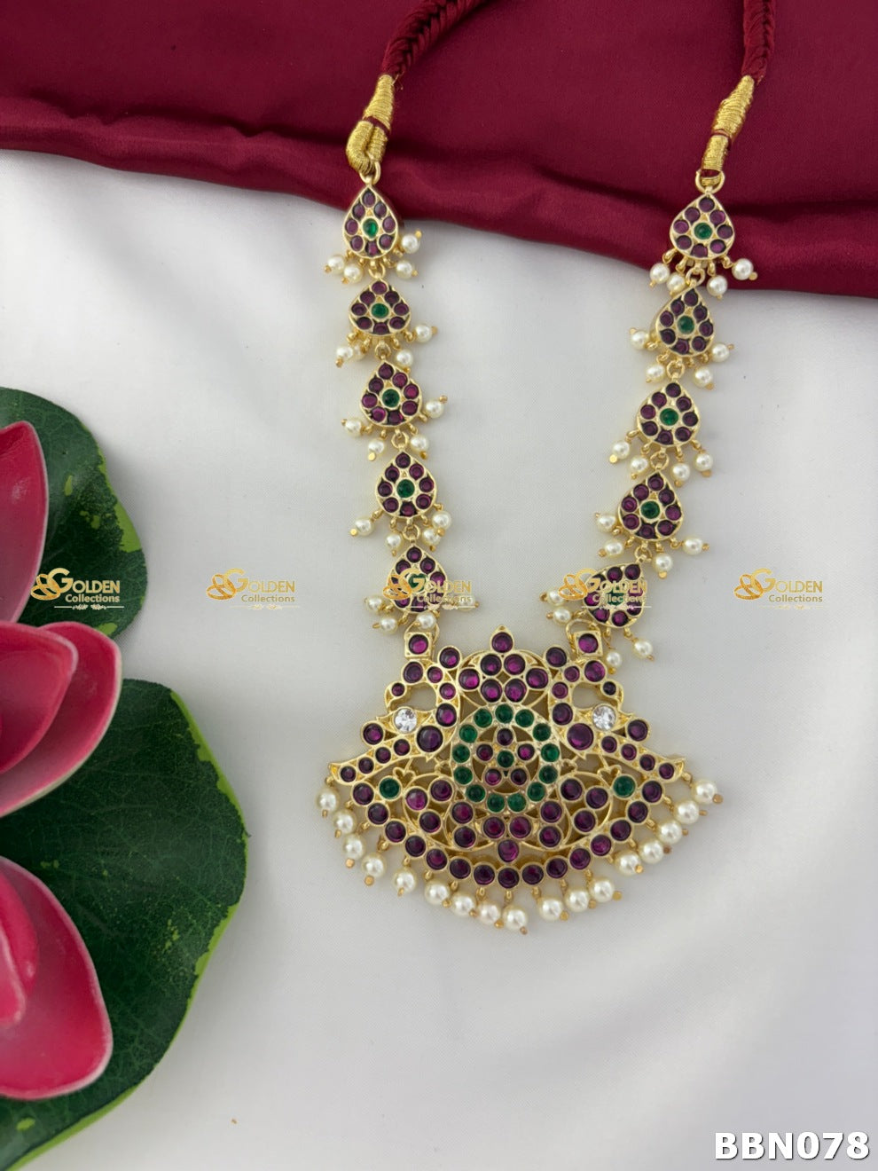 Real Kemp Temple Short Necklace for Bharatanatyam and Kuchipudi BBN078 with red-green kemp stones