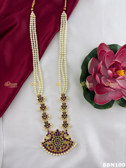 Kemp pearl Bharatanatyam long haram temple jewellery necklace with ruby and green stones for arangetram
