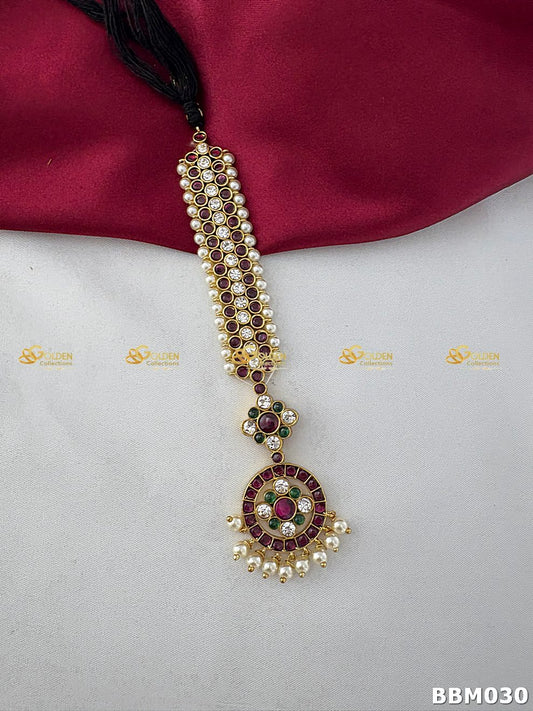 Real Kemp Nethi Chutti Maang Tikka for Bharatanatyam BBM030 with red-green kemp stones with pearl accents
