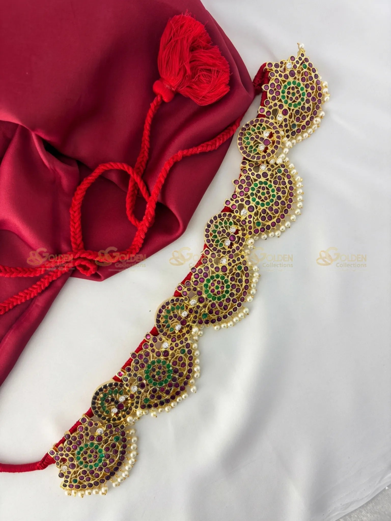 Golden Collections Kemp Petal Design Vaddanam - Front view showcasing intricate ruby and emerald kemp stones with pearl drops.