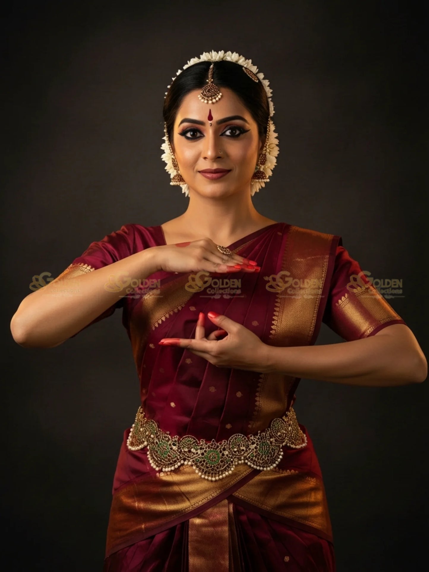 Golden Collections Gold Plated Kemp Vaddanam - Model dancer wearing traditional saree in elegant pose.