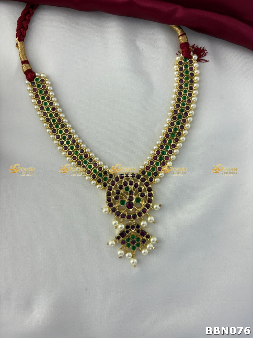 Real Kemp Pearl Short Necklace for Bharatanatyam and Kuchipudi BBN076 with red-green kemp stones with pearl accents