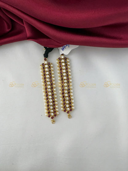 Golden Collections Kemp Ruby and Pearl Mattal – Close-up detail of a single mattal, highlighting the intricate hand-set genuine ruby and pearl arrangement.