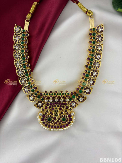 Real Kemp Pearl Short Necklace for Bharatanatyam and Kuchipudi BBN106 with red-green kemp stones with pearl accents