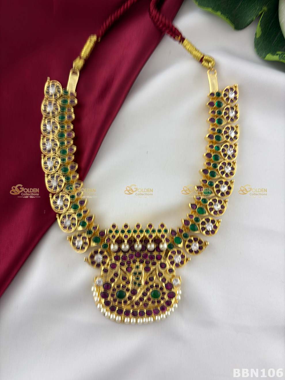 Kemp short necklace Bharatanatyam temple jewellery peacock design choker with pearl drops-bbn106