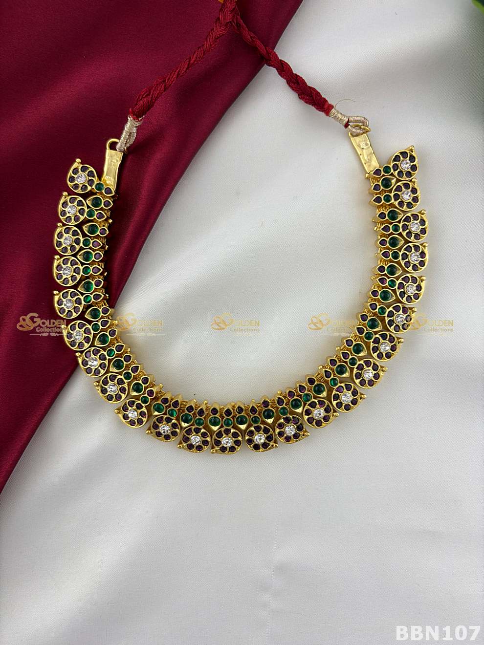 Real Kemp Pearl Short Necklace for Bharatanatyam and Kuchipudi BBN107 with red-green kemp stones with pearl accents