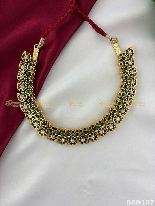 Real Kemp Pearl Short Necklace for Bharatanatyam and Kuchipudi BBN107 with red-green kemp stones with pearl accents