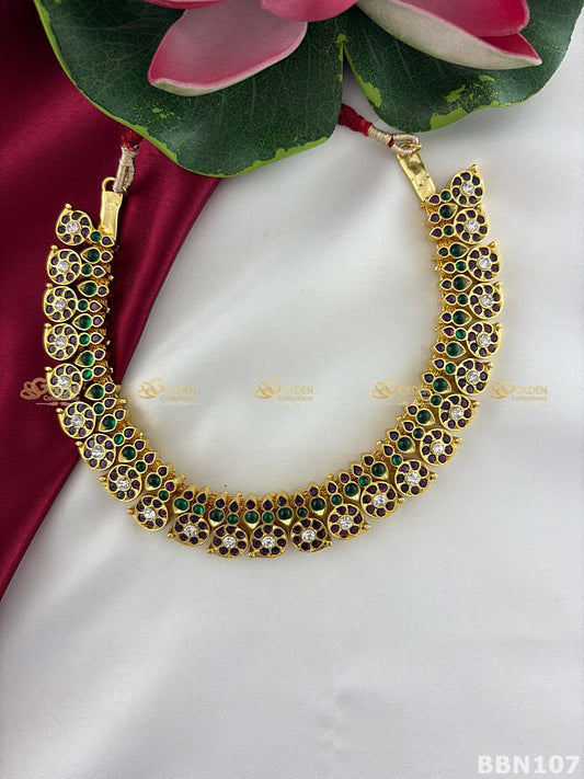 Kemp short necklace for Bharatanatyam temple jewellery choker with pearl drops-BBN107