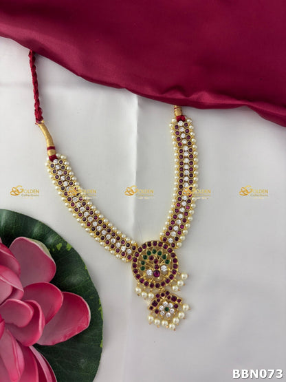 Kemp Short Necklace with Pearls & Floral Pendant | Bharatanatyam Temple Jewellery