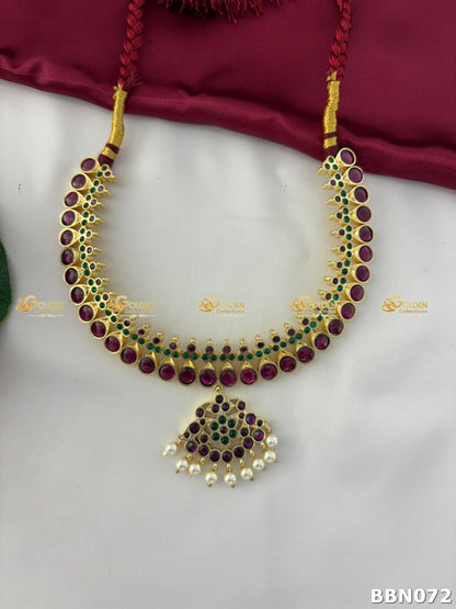 Kemp Short Necklace with Ruby and Green Stones | Temple Jewellery for Bharatanatyam, Kuchipudi, Arangetram & South Indian Weddings | GoldenCollections