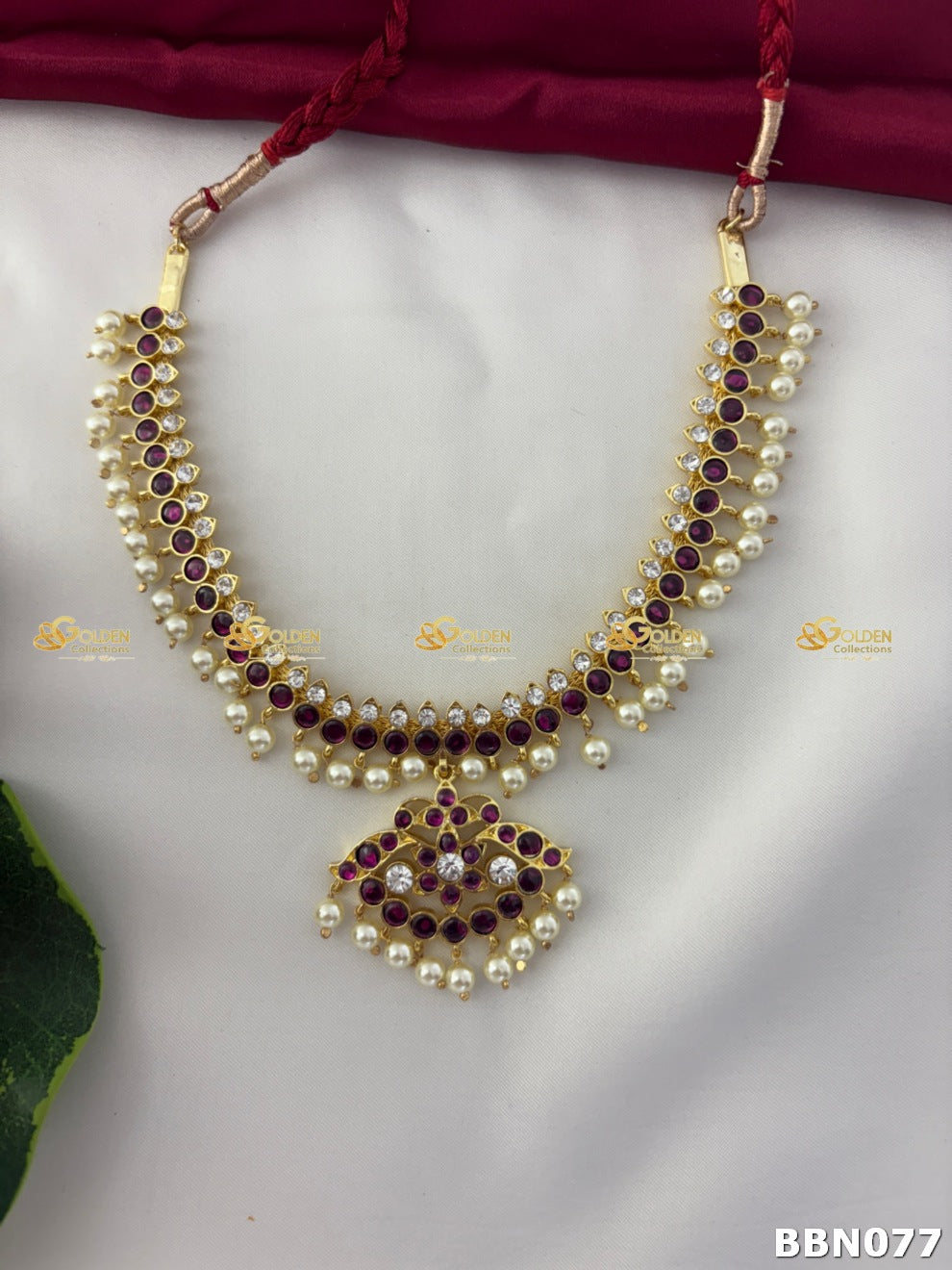 Real Kemp Temple Short Necklace for Bharatanatyam and Kuchipudi BBN077 with red-green kemp stones